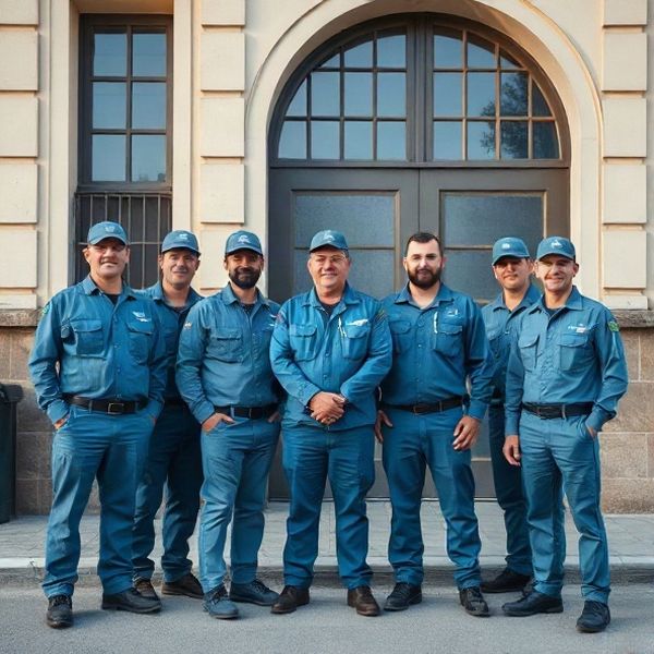 Retrato grupal de seis electricistas con uniforme azul-pizarra frente a una fachada en Maldonado