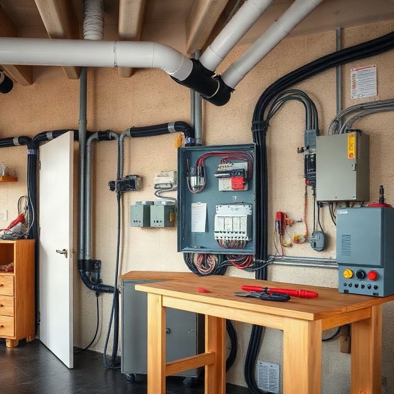 Área de trabajo eléctrico con conductores, herramientas y tablero de distribución sobre un banco