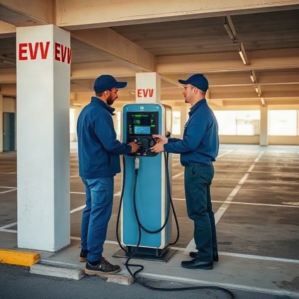 Dos electricistas con uniforme azul-pizarra instalando una estación de carga para vehículo eléctrico